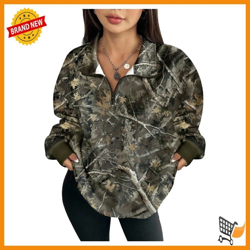 Women's Camo Quarter Zip Pullover Sweatshirt Long Sleeve Streetwear Top